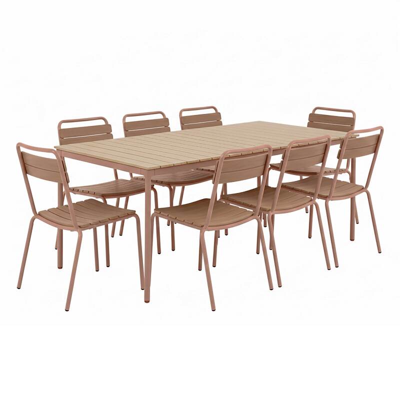 Table de jardin effet bois en métal et polywood 180x90 cm et 8 chaises