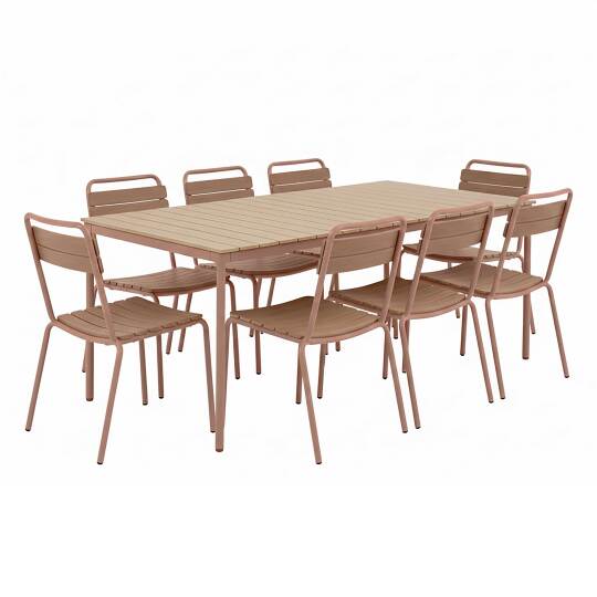 Table de jardin effet bois en métal et polywood 180x90 cm et 8 chaises | Oviala