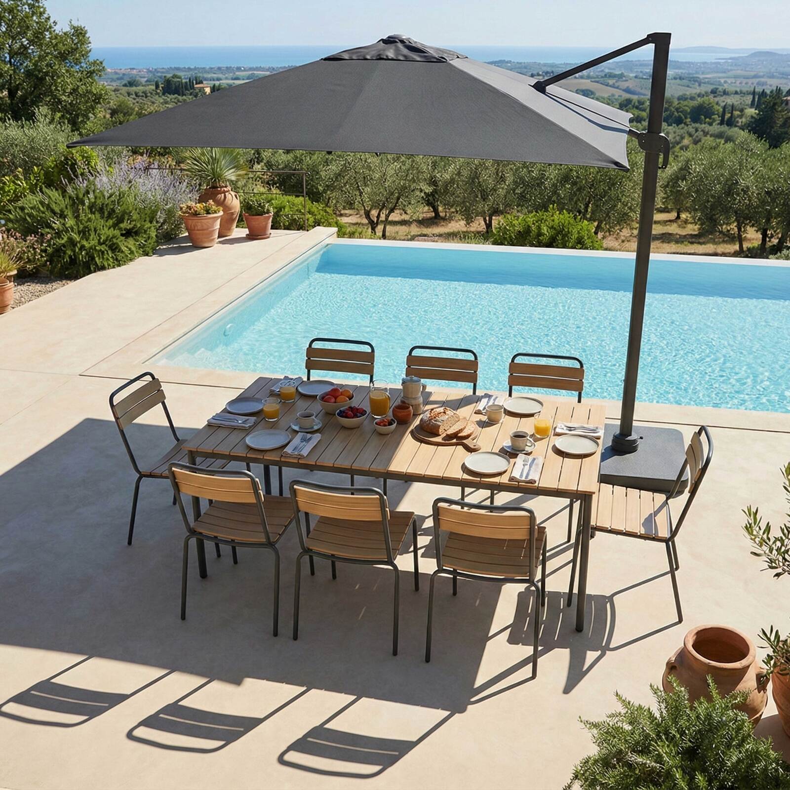 Table de jardin effet bois en métal et polywood 180x90 cm et 8 chaises