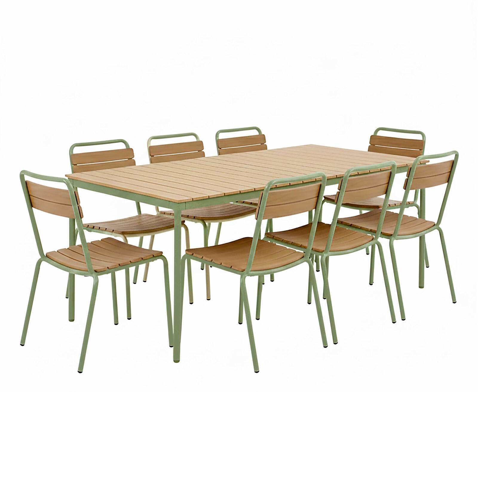 Table de jardin effet bois en métal et polywood 180x90 cm et 8 chaises