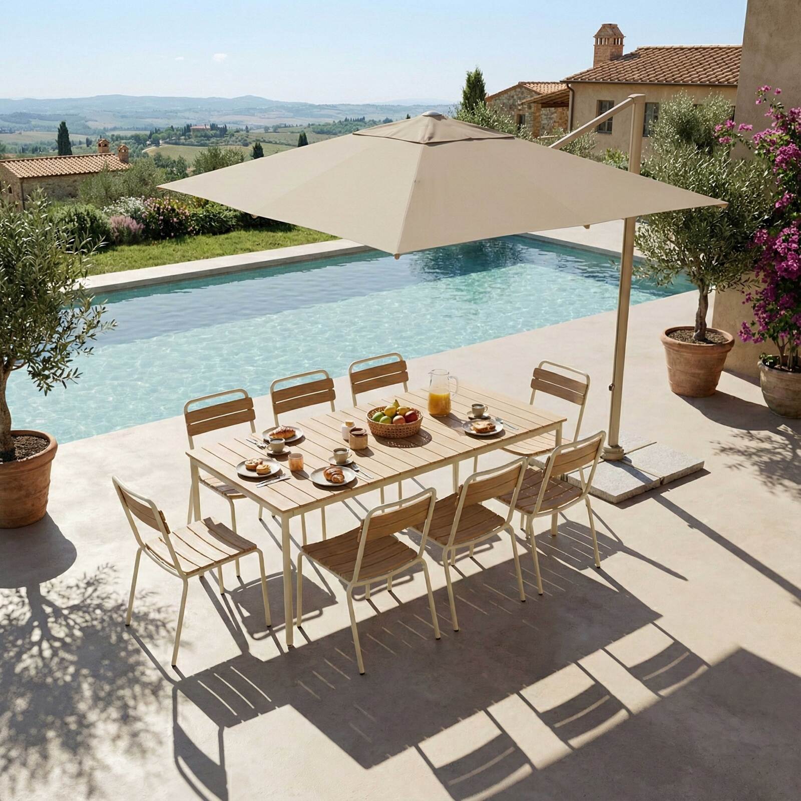 Table de jardin effet bois en métal et polywood 8 personnes 180x90 cm