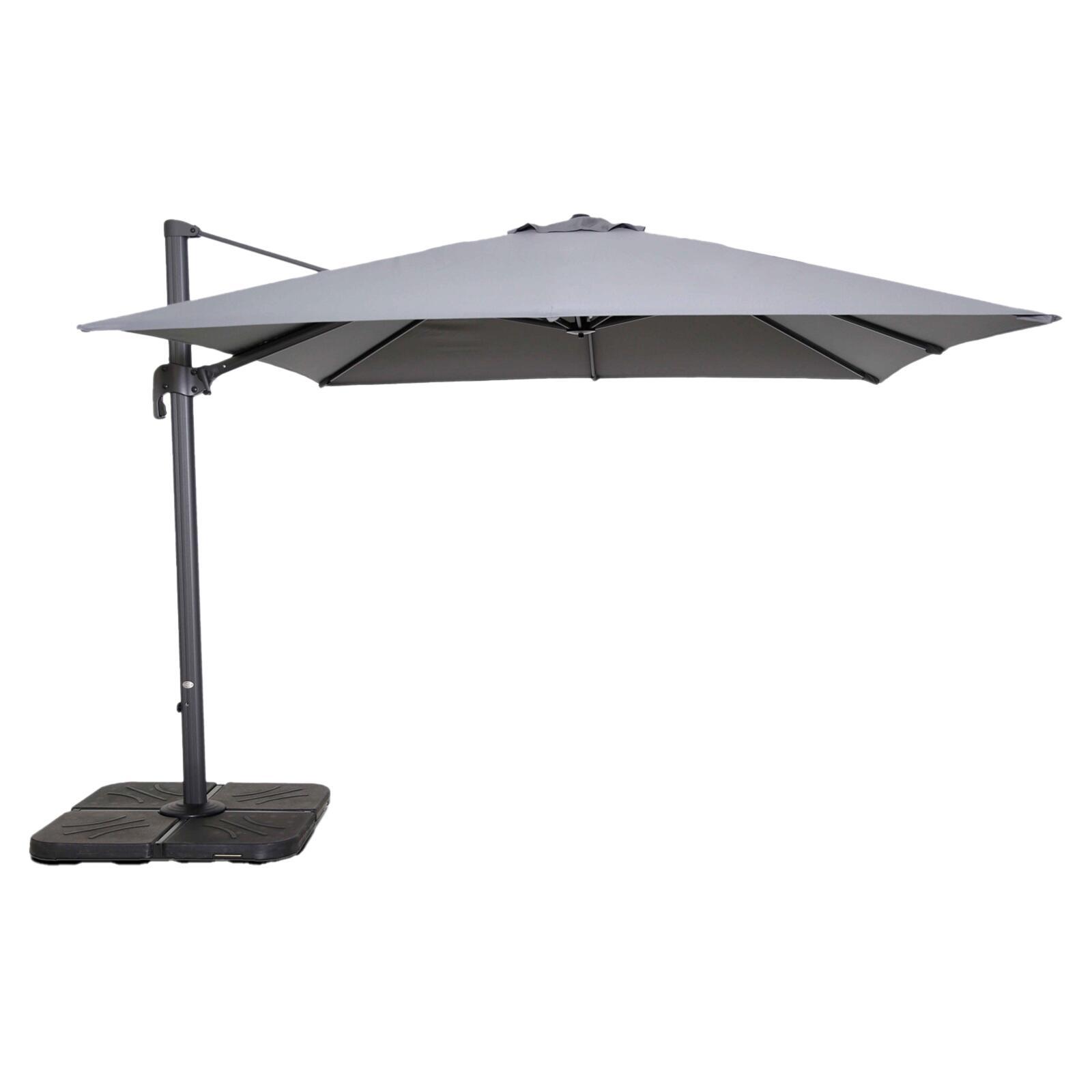 Parasol déporté 3x3 m carré inclinable rotatif 360° et 4 dalles à lester remplissables