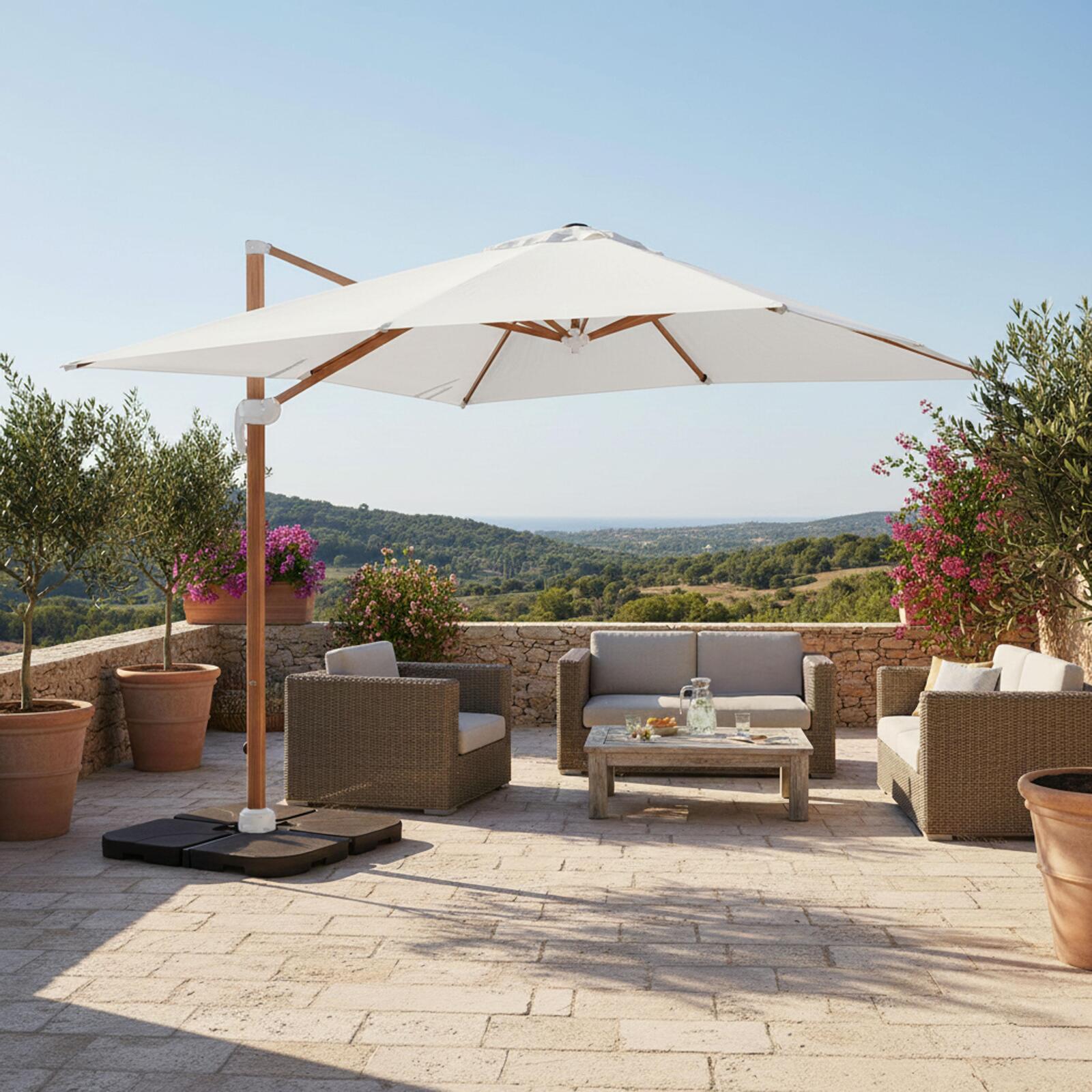 Parasol déporté 3x3 m carré inclinable rotatif 360° et 4 dalles à lester remplissables