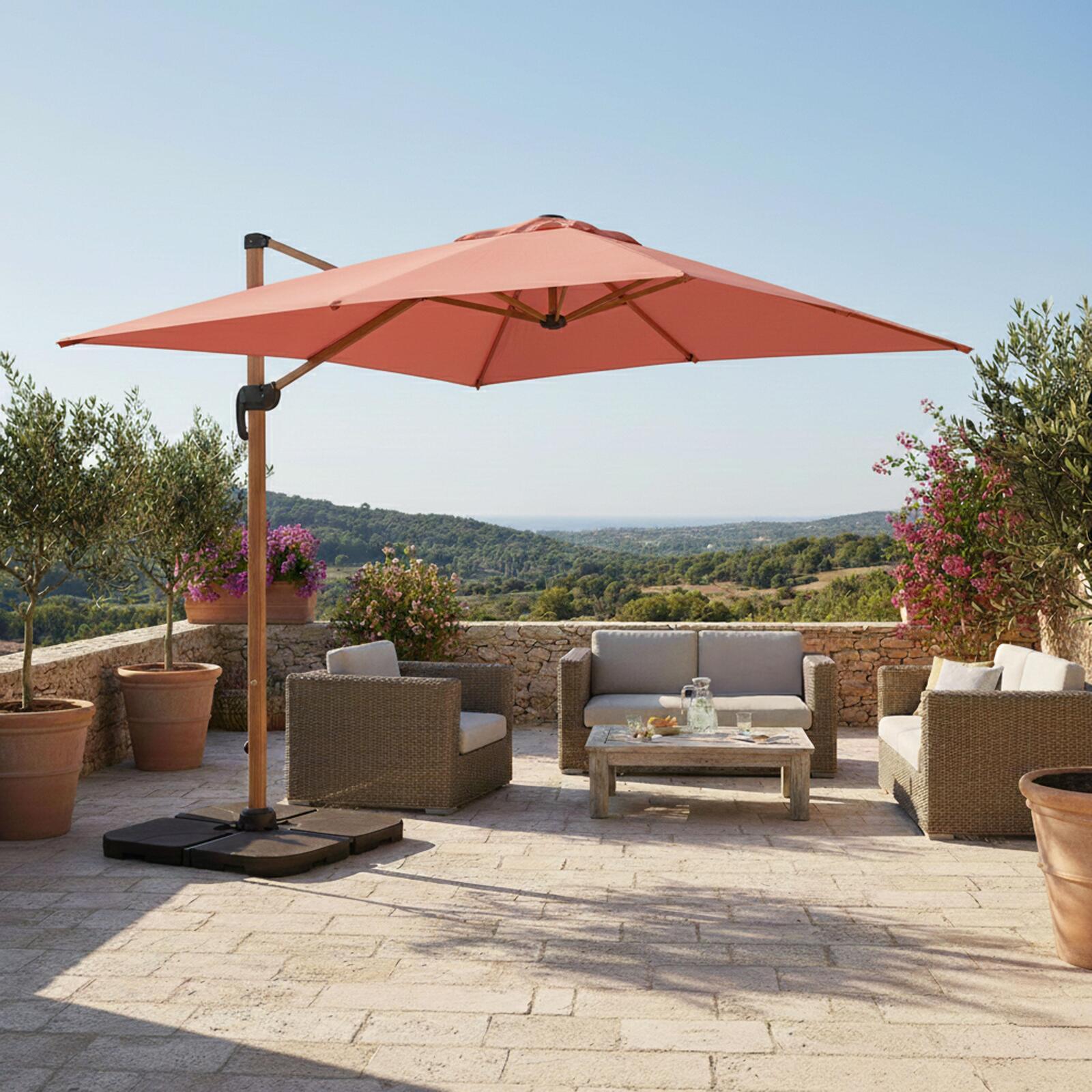 Parasol déporté 3x3 m carré inclinable rotatif 360° et 4 dalles à lester remplissables