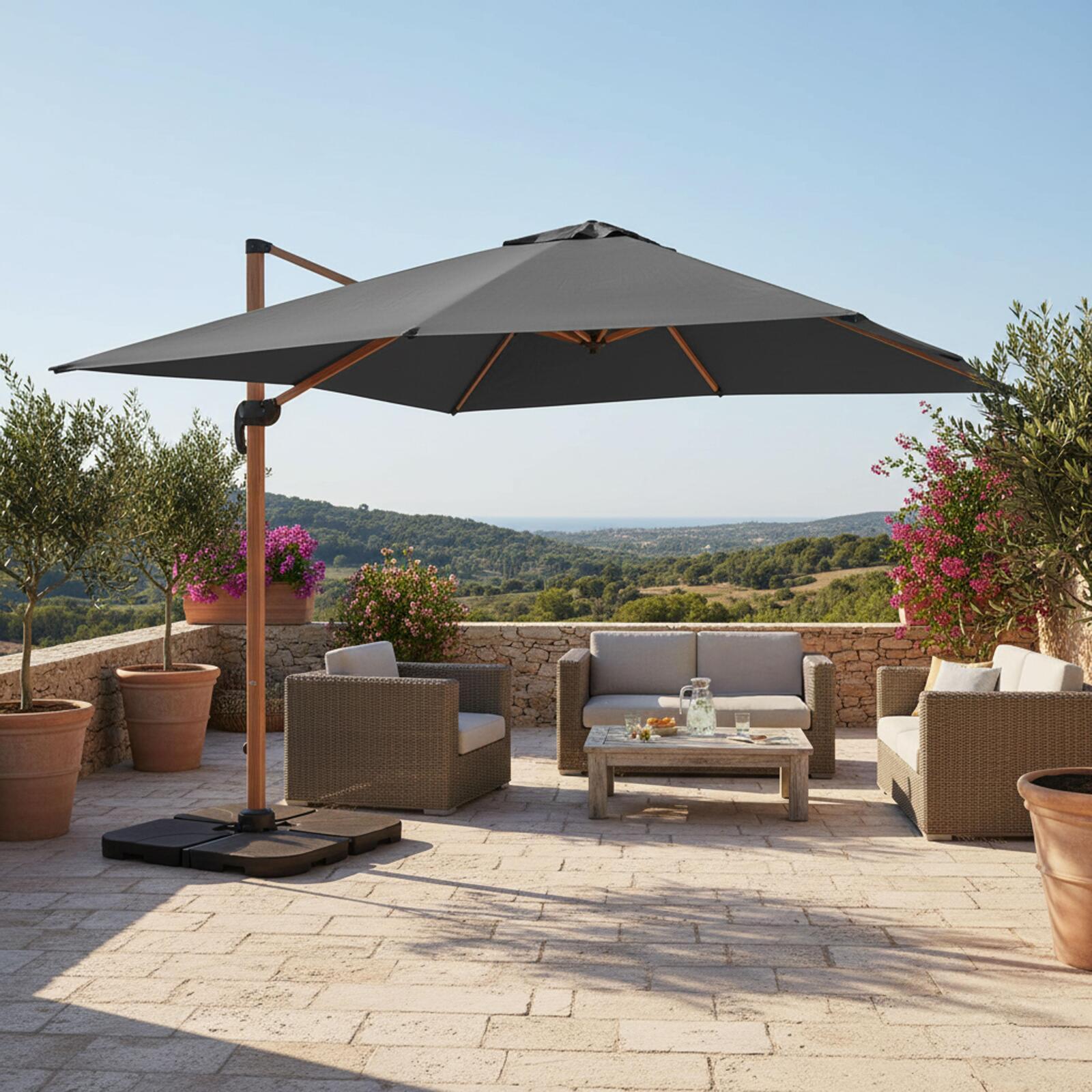 Parasol déporté 3x3 m carré inclinable rotatif 360° et 4 dalles à lester remplissables