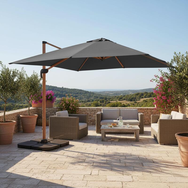 Parasol déporté 3x3 m carré inclinable rotatif 360° et 4 dalles à lester remplissables