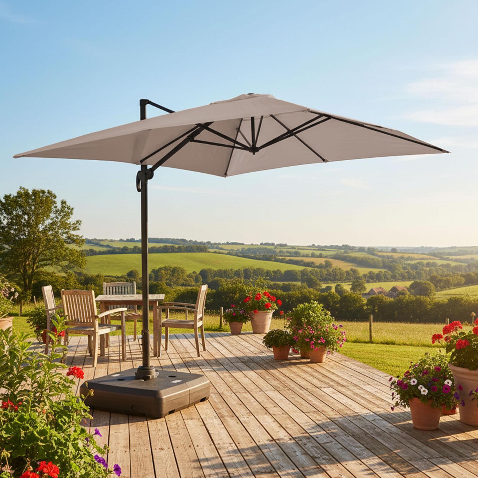 Parasol déporté 4x3 m rectangulaire inclinable rotatif 360° et dalle à lester sur roues 100L