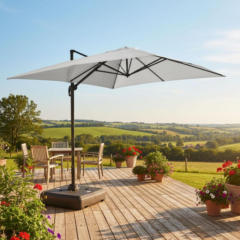 Parasol déporté 4x3 m rectangulaire inclinable rotatif 360° et dalle à lester sur roues 100L