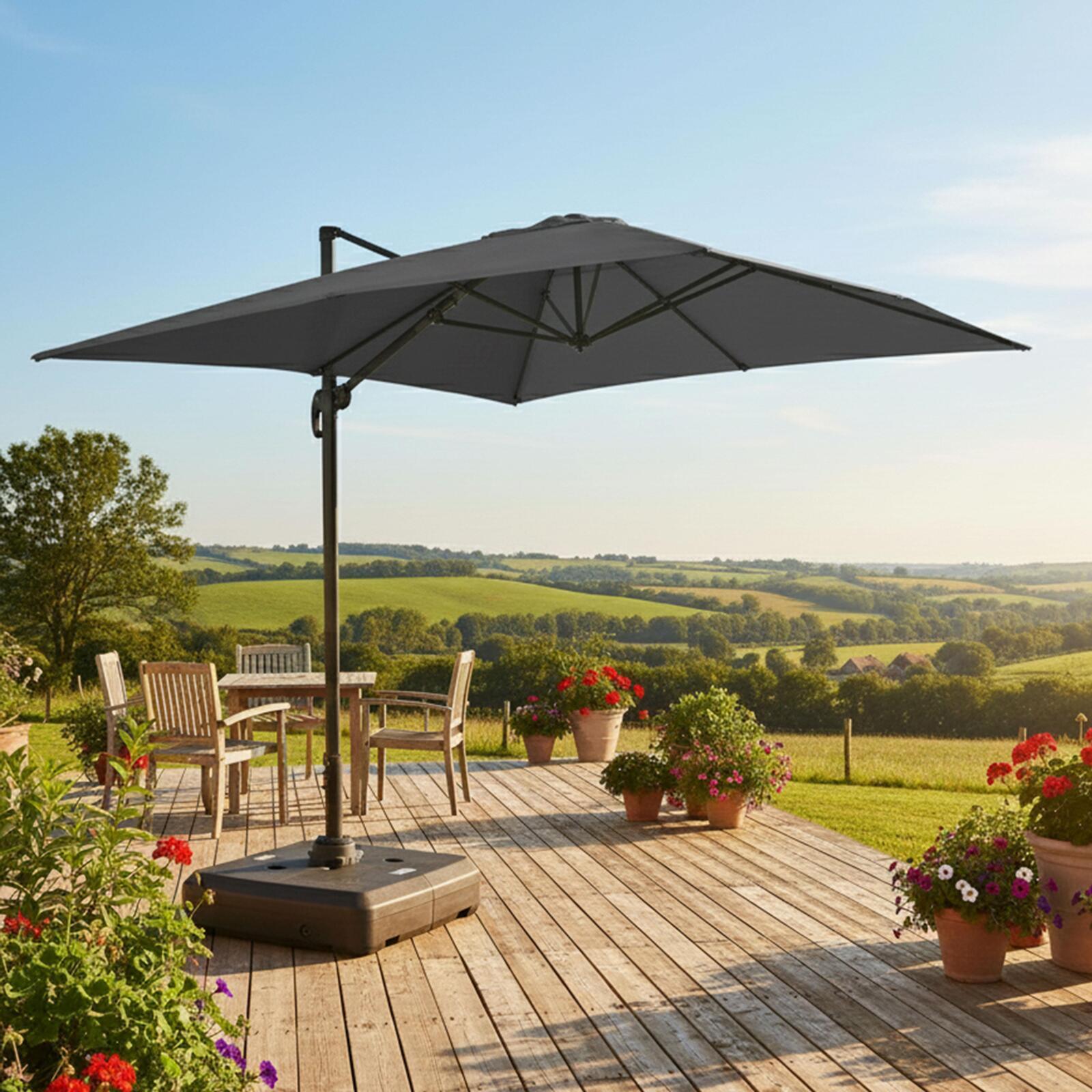 Parasol déporté 4x3 m rectangulaire inclinable rotatif 360° et dalle à lester sur roues 100L