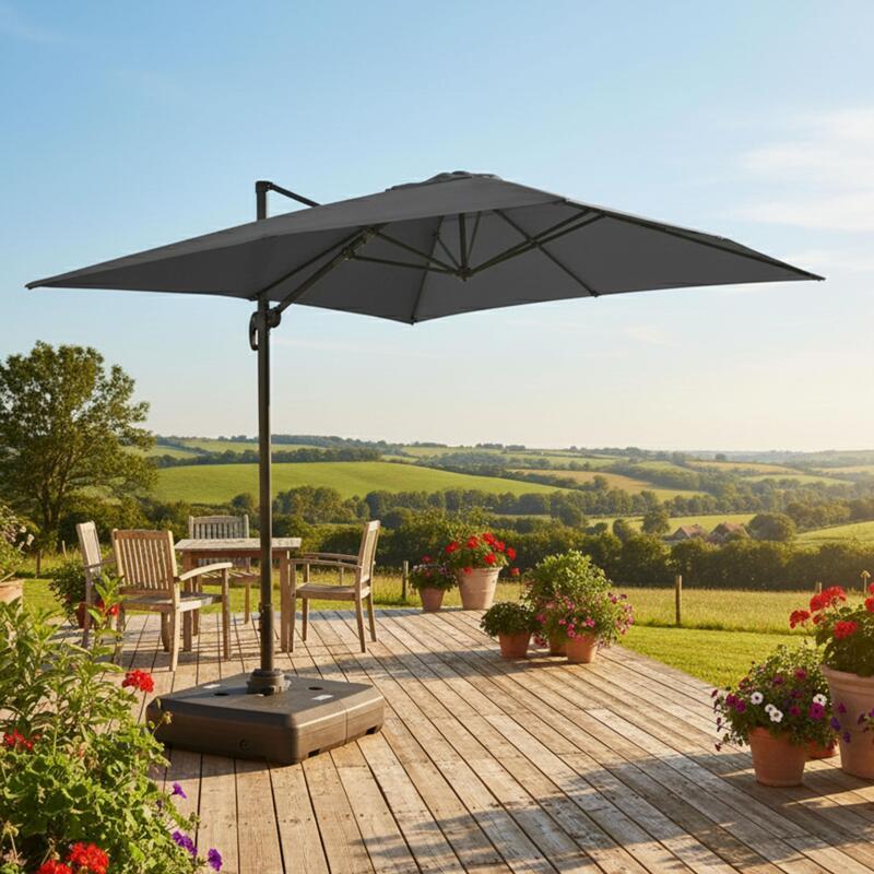 Parasol déporté 4x3 m rectangulaire inclinable rotatif 360° et dalle à lester sur roues 100L