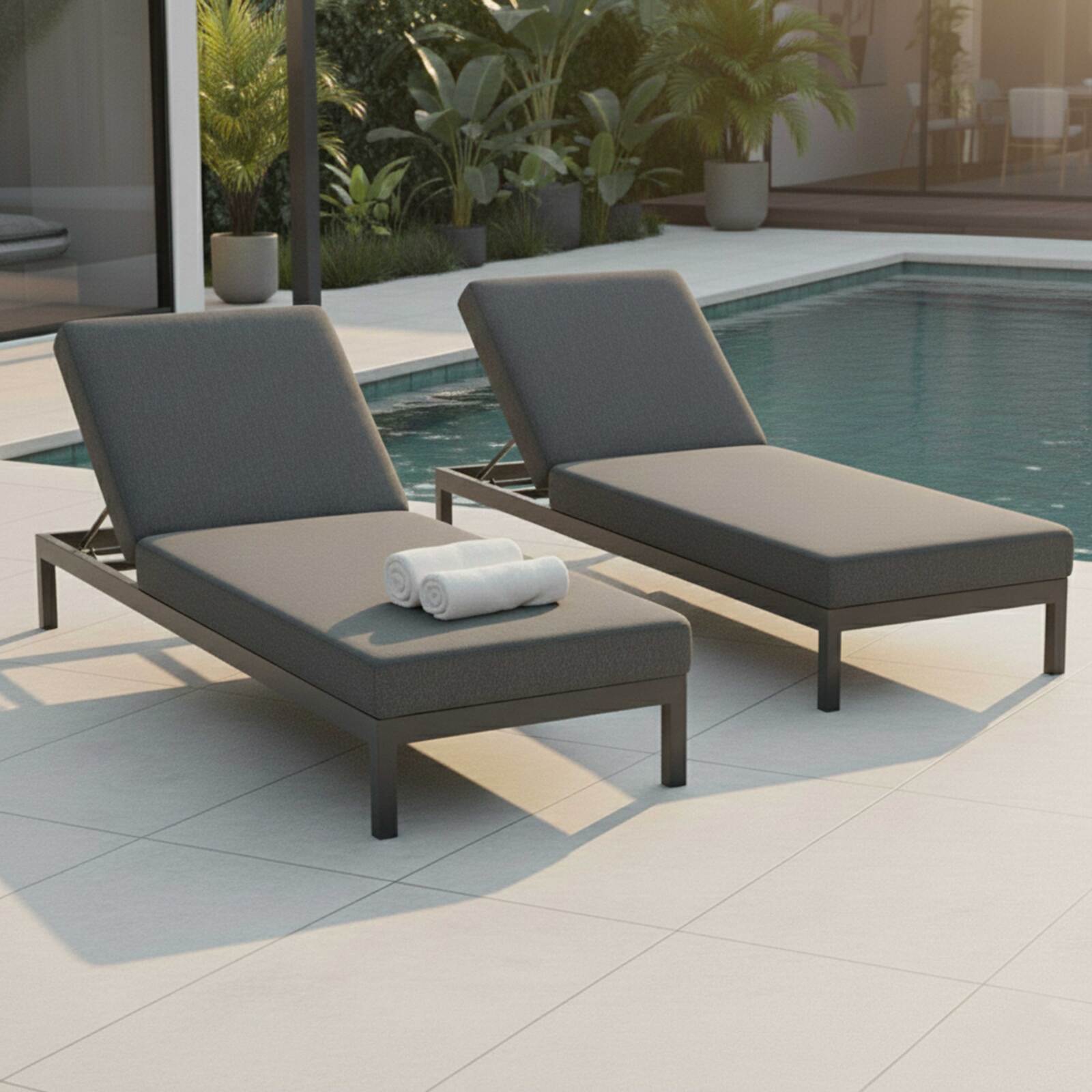 Bains de soleil aluminium inclinables 5 positions avec coussin - Lot de 2