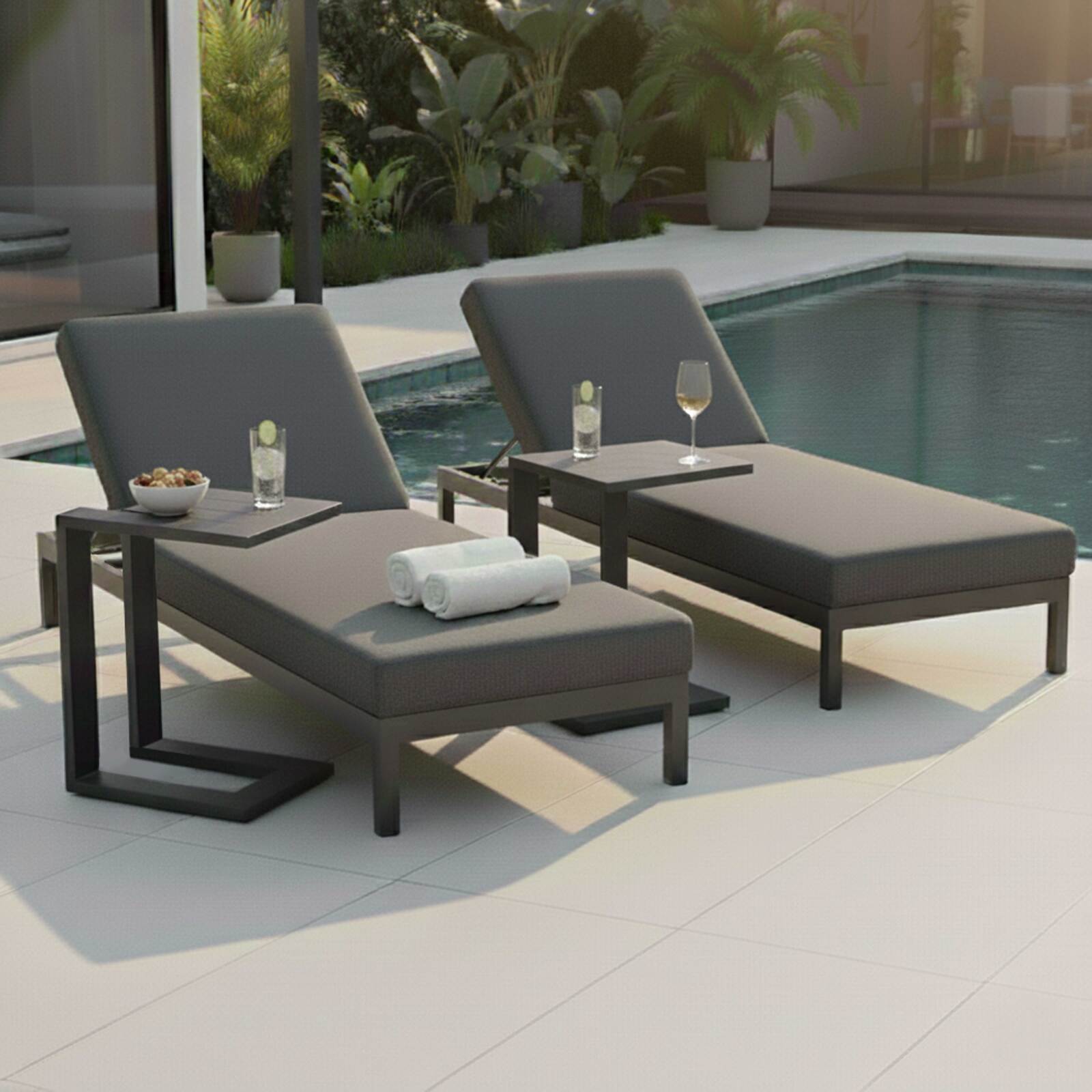 Bains de soleil aluminium inclinables 5 positions avec coussin et tablette - Lot de 2