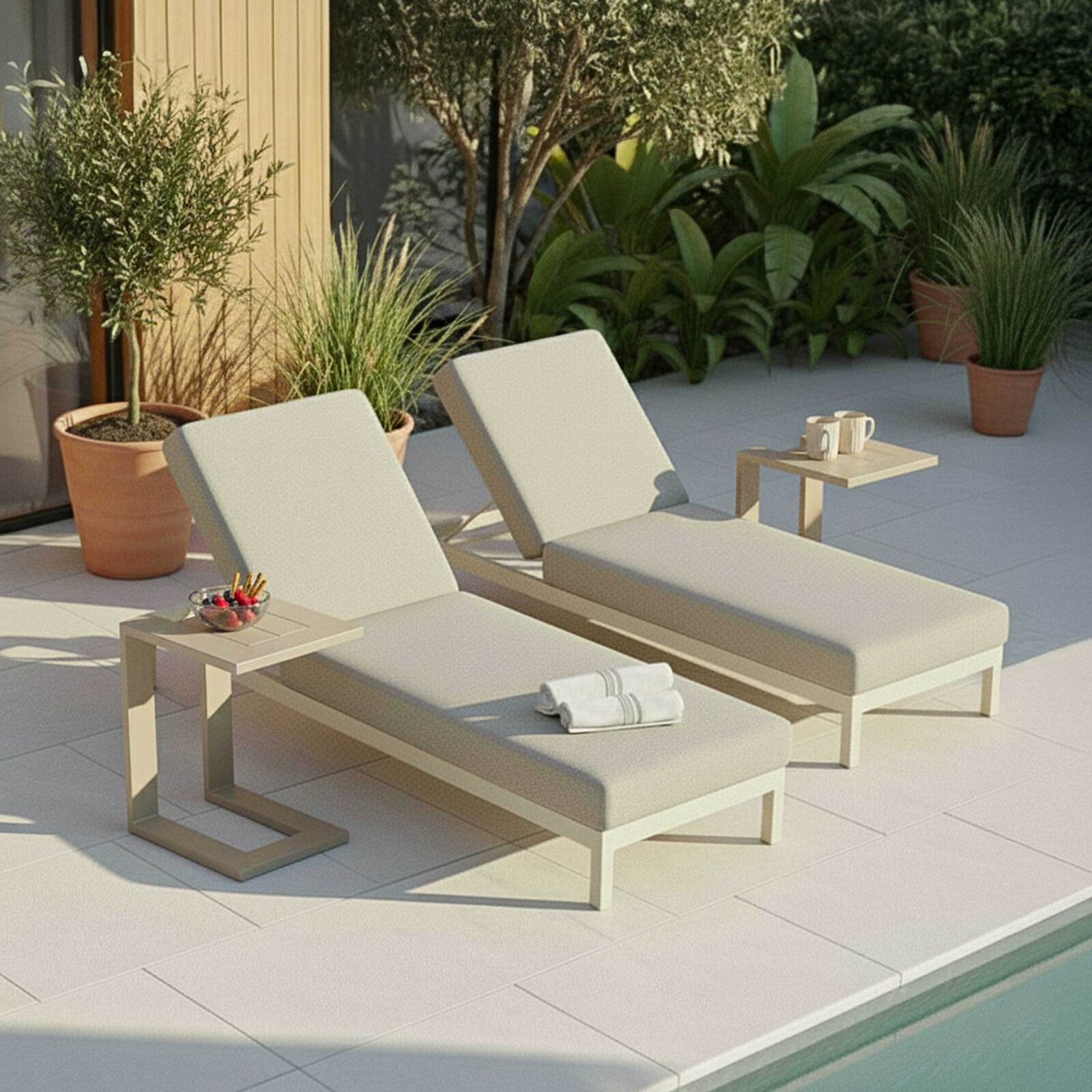 Bains de soleil aluminium inclinables 5 positions avec coussin et tablette - Lot de 2