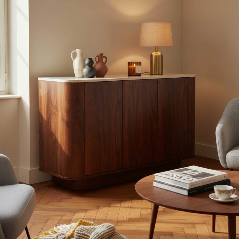 Buffet effet bois FSC® 3 portes 120 cm style scandinave 