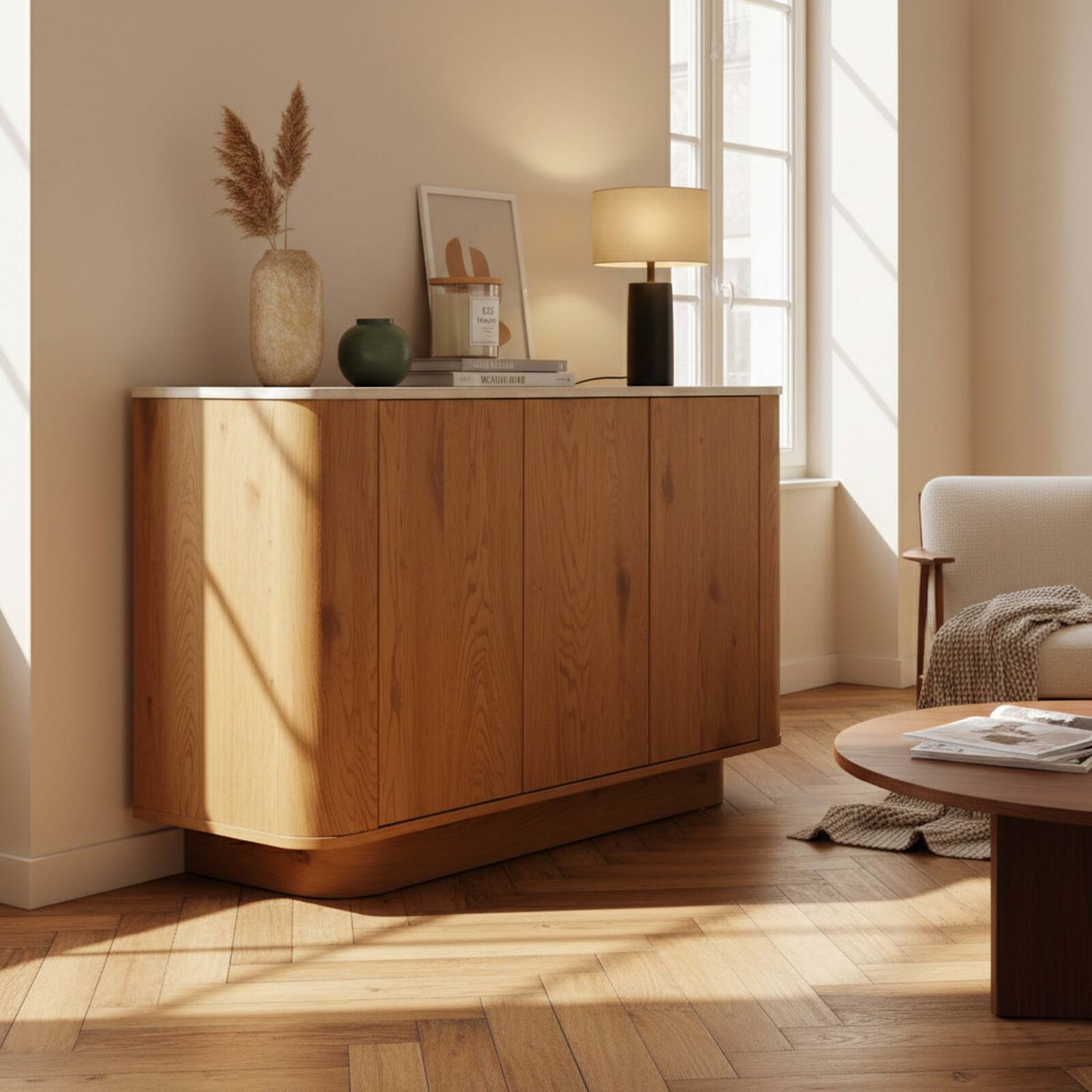 Buffet effet bois FSC® 3 portes 120 cm style scandinave 