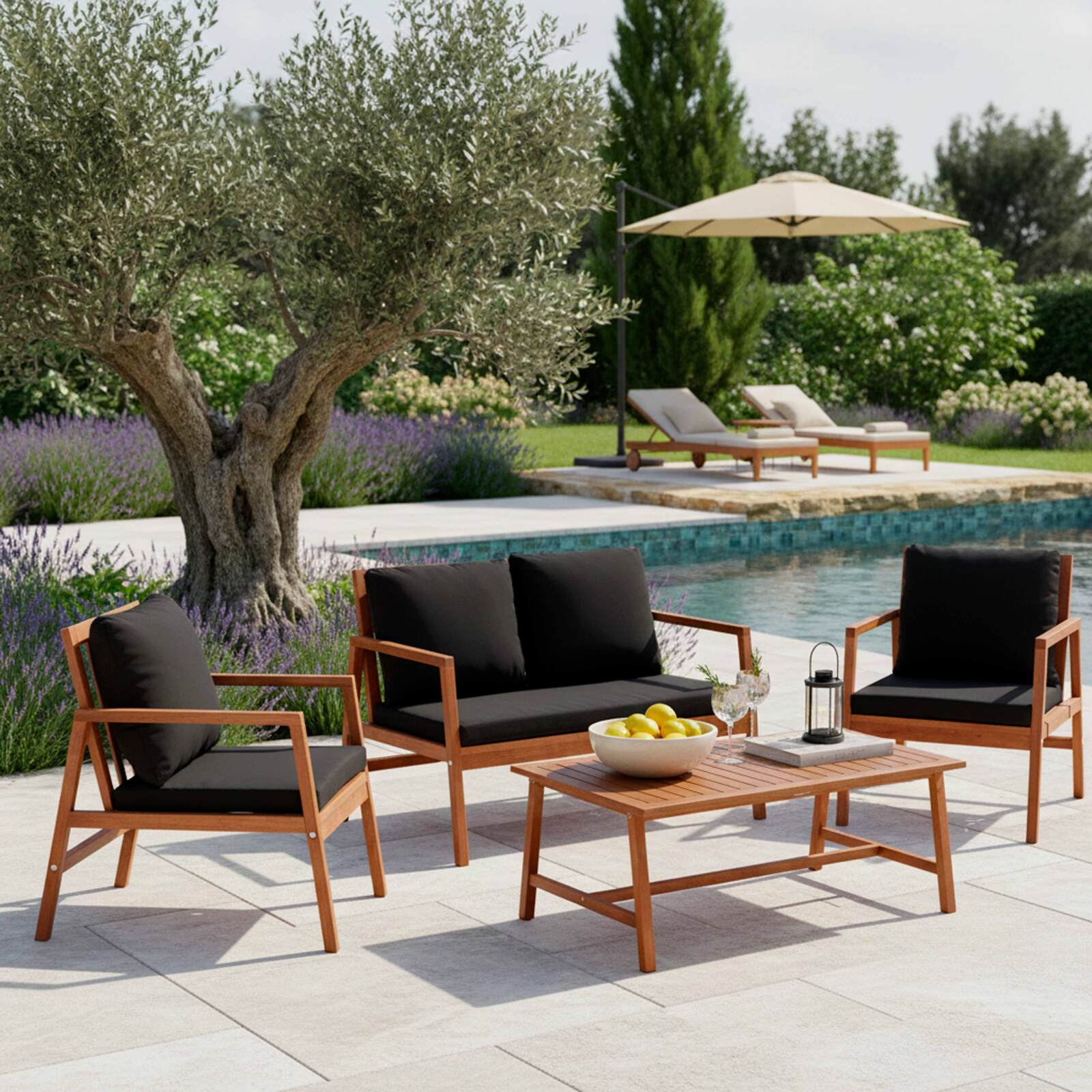 Salon de jardin en bois d'eucalyptus FSC® avec 1 canapé, 2 fauteuils et table basse