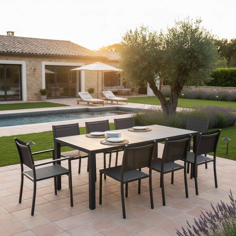 Table de jardin en aluminium et céramique effet bois 185x95 cm et 8 chaises en textilène - Ambiance
