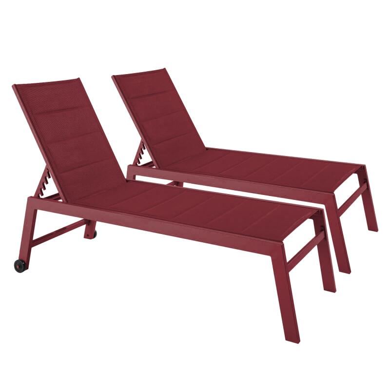 Bains de soleil aluminium et textilène inclinables 5 positions avec roues - Lot de 2