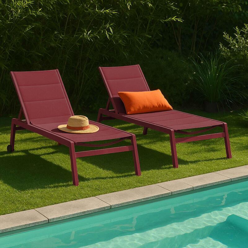 Bains de soleil aluminium et textilène inclinables 5 positions avec roues - Lot de 2 - Ambiance