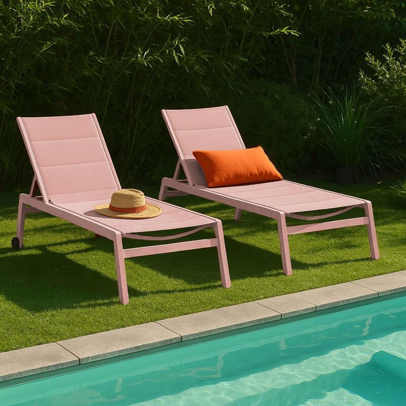 Bains de soleil aluminium et textilène inclinables 5 positions avec roues - Lot de 2