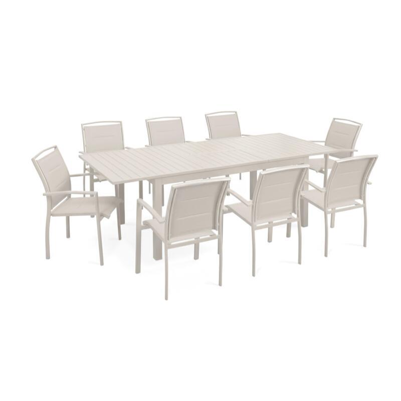 Table de jardin extensible en aluminium 174/238x100 cm et 8 chaises avec accoudoirs en textilène