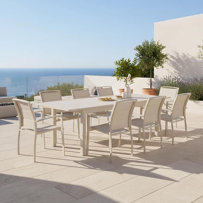 Table de jardin extensible en aluminium 174/238x100 cm et 8 chaises avec accoudoirs en textilène - Ambiance
