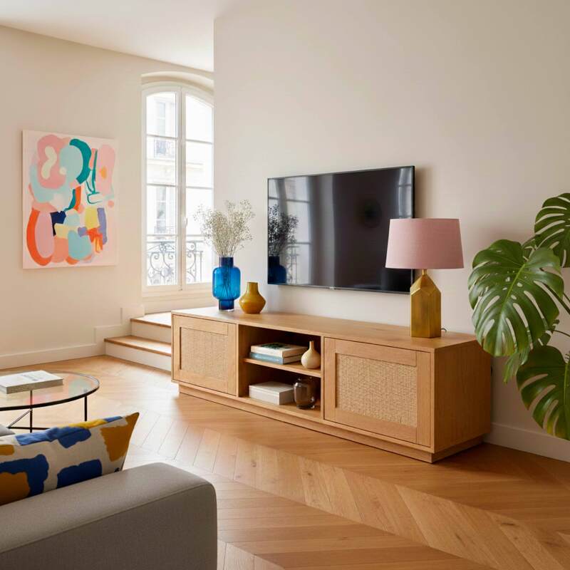 Meuble TV effet bois FSC® 160 cm style bohème (2/9)