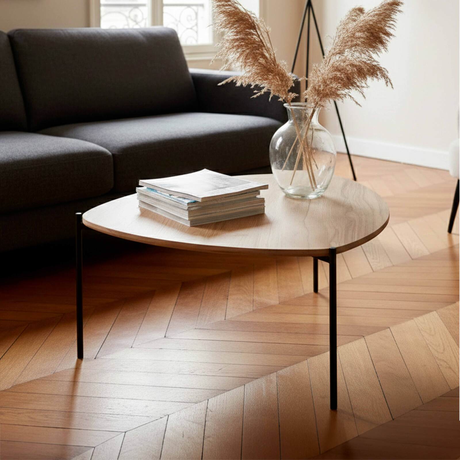 Table basse en métal et effet bois triangulaire 90x90 cm