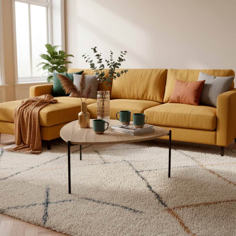 Table basse en métal et effet bois triangulaire 90x90 cm