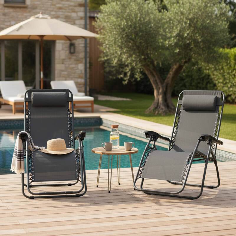 Fauteuils relax de jardin en métal et textilène inclinables - Lot de 2 - Ambiance