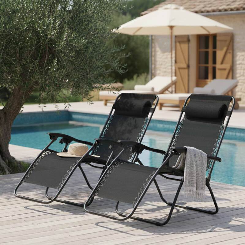 Fauteuils relax de jardin en métal et textilène inclinables - Lot de 2 - Ambiance