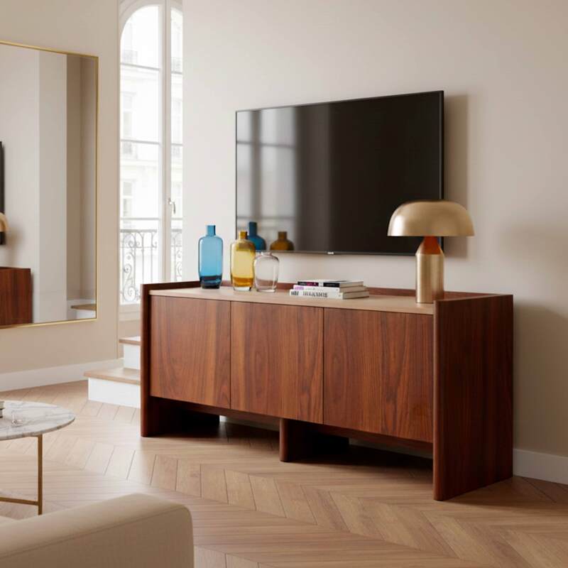 Meuble TV effet bois 120 cm et tablette (3/8)