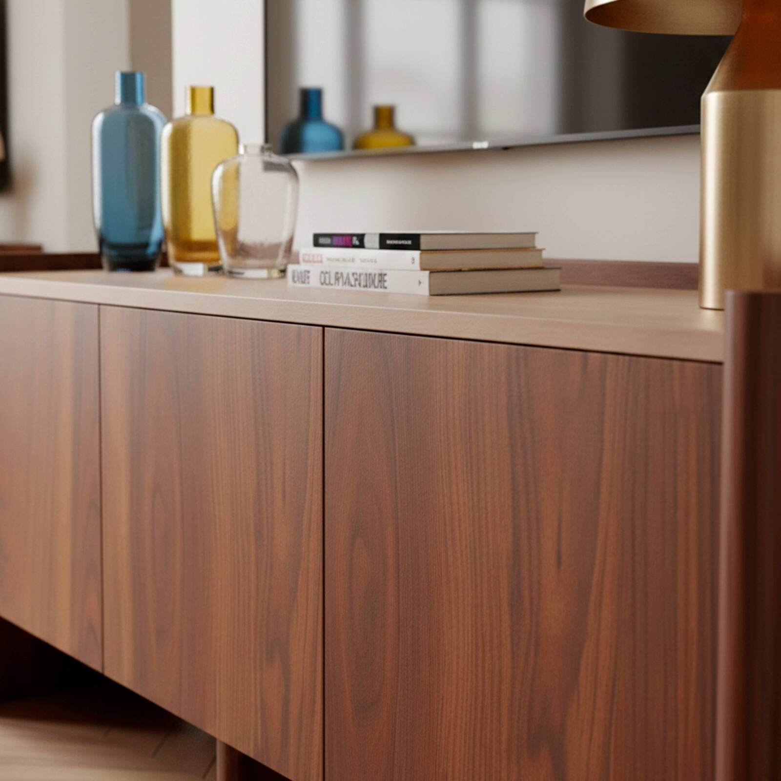 Meuble TV effet bois 120 cm et tablette