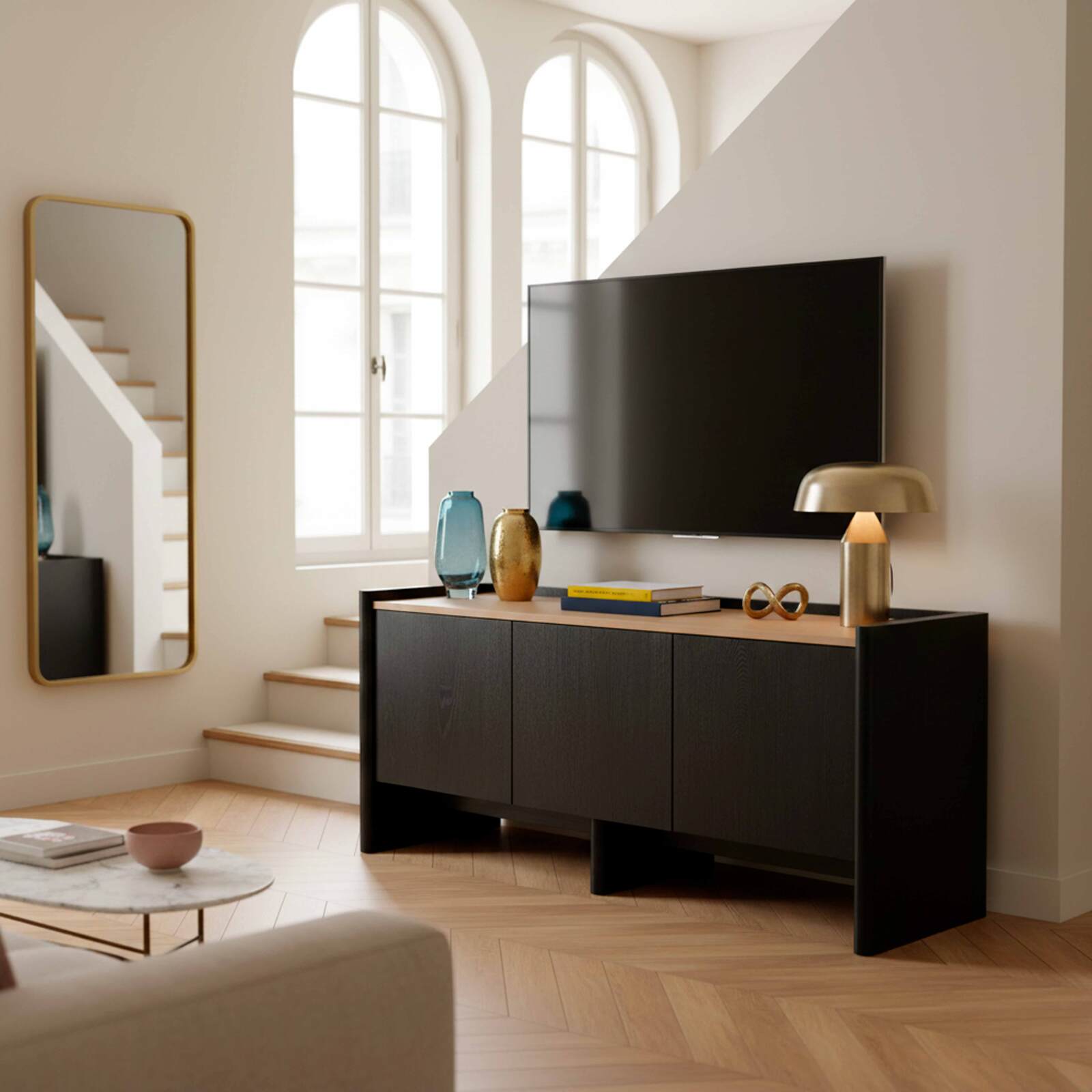 Meuble TV effet bois 120 cm et tablette