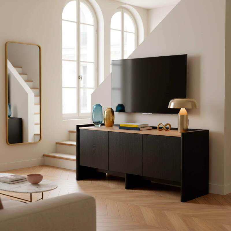 Meuble TV effet bois 120 cm et tablette (3/8)