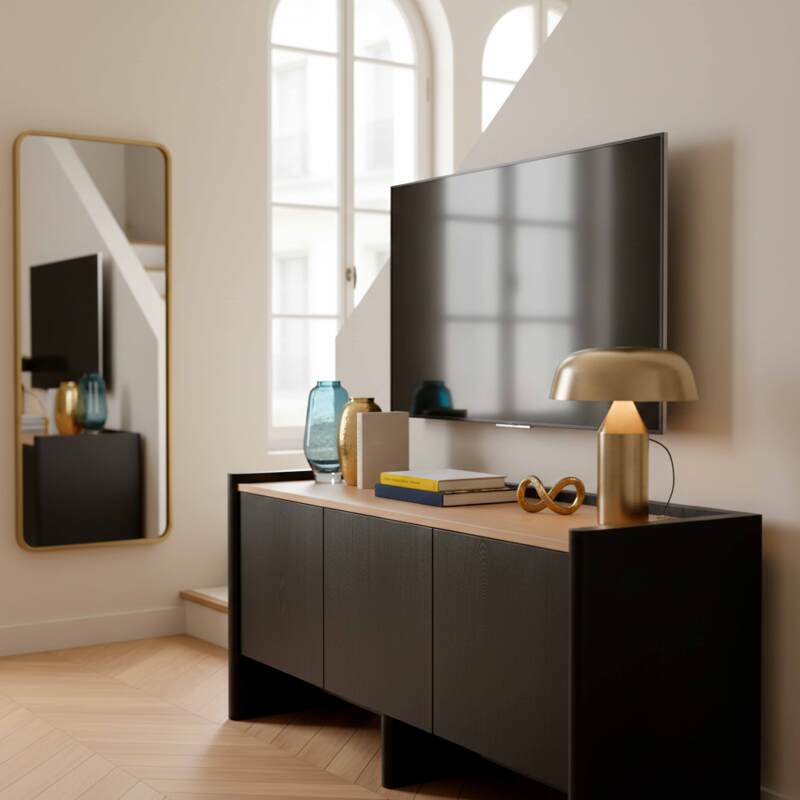 Meuble TV effet bois 120 cm et tablette