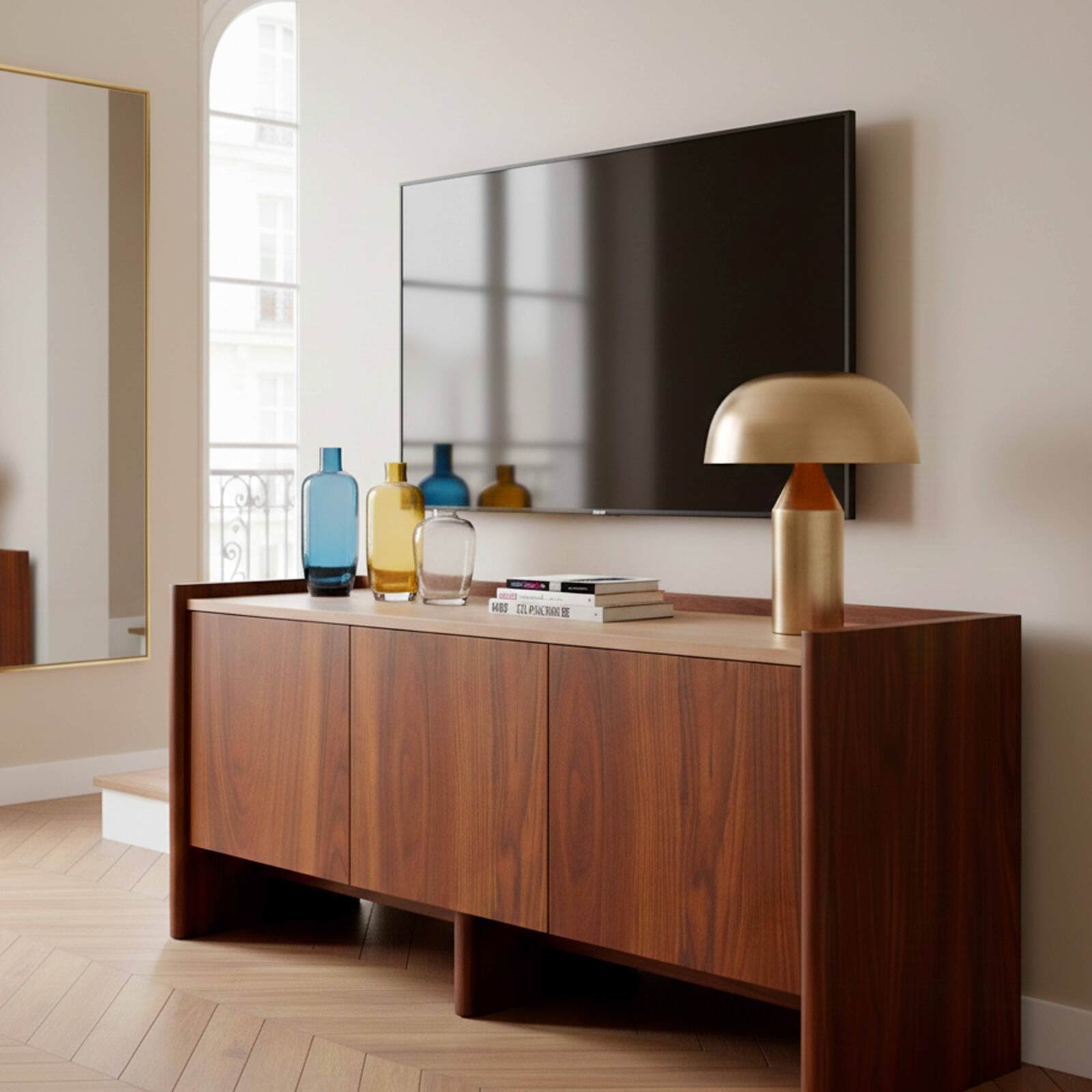 Meuble TV effet bois 120 cm et tablette