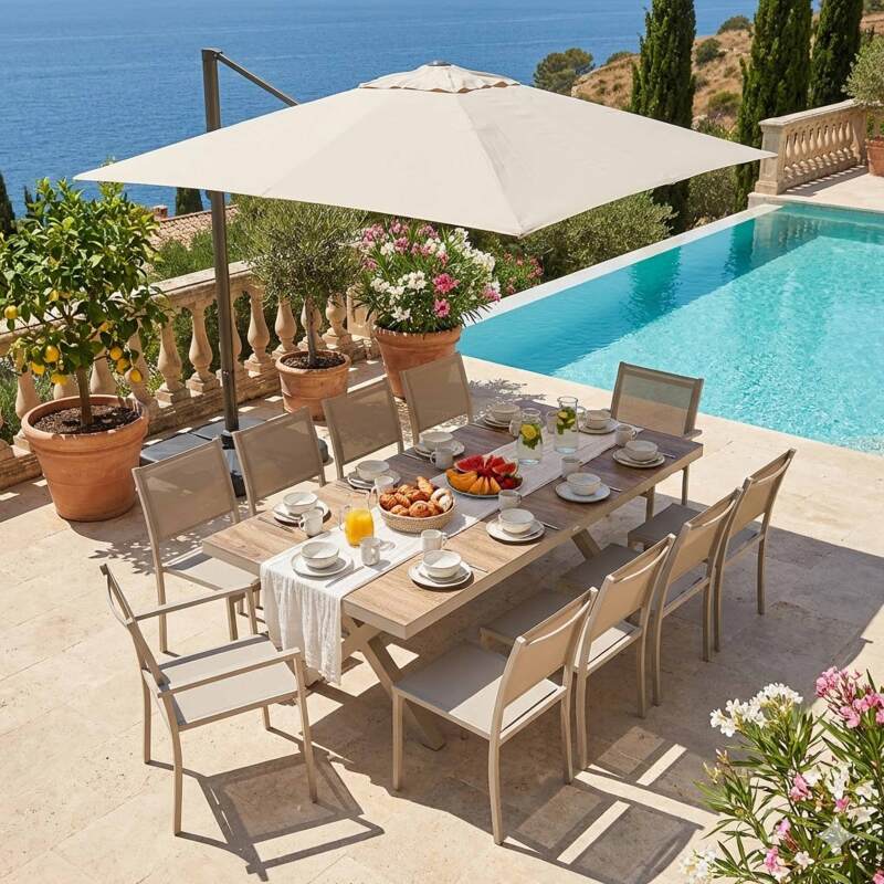 Table de jardin en aluminium et céramique effet bois 201x100 cm et 10 chaises empilables en textilène