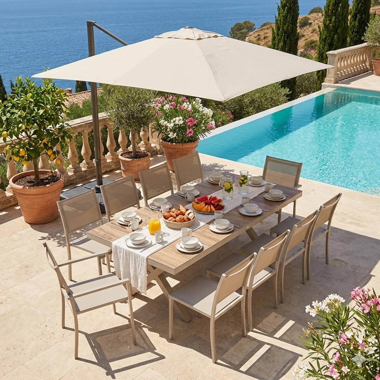 Table de jardin en aluminium et céramique effet bois 8 personnes 201x100 cm