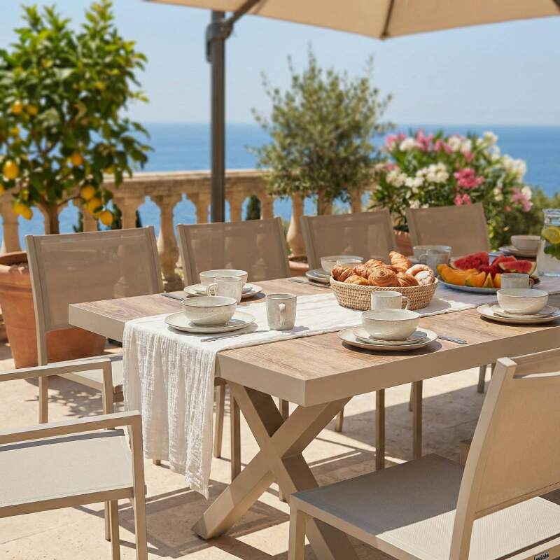 Table de jardin en aluminium et céramique effet bois 8 personnes 201x100 cm (5/8)