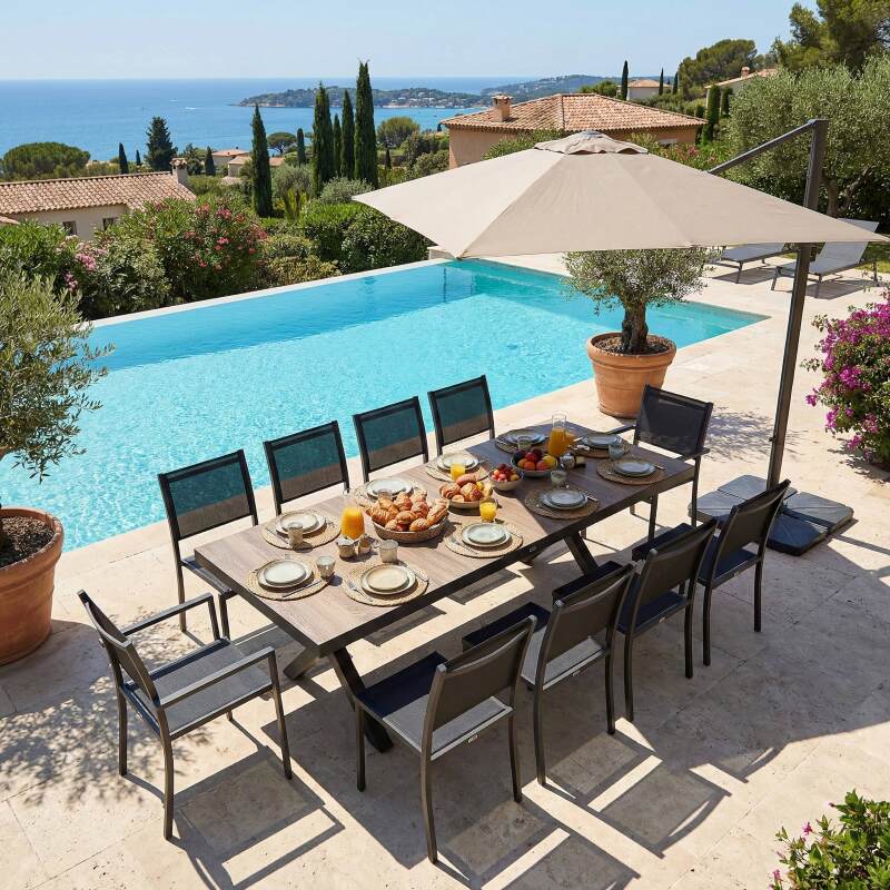 Table de jardin en aluminium et céramique effet bois 201x100 cm et 10 chaises empilables en textilène