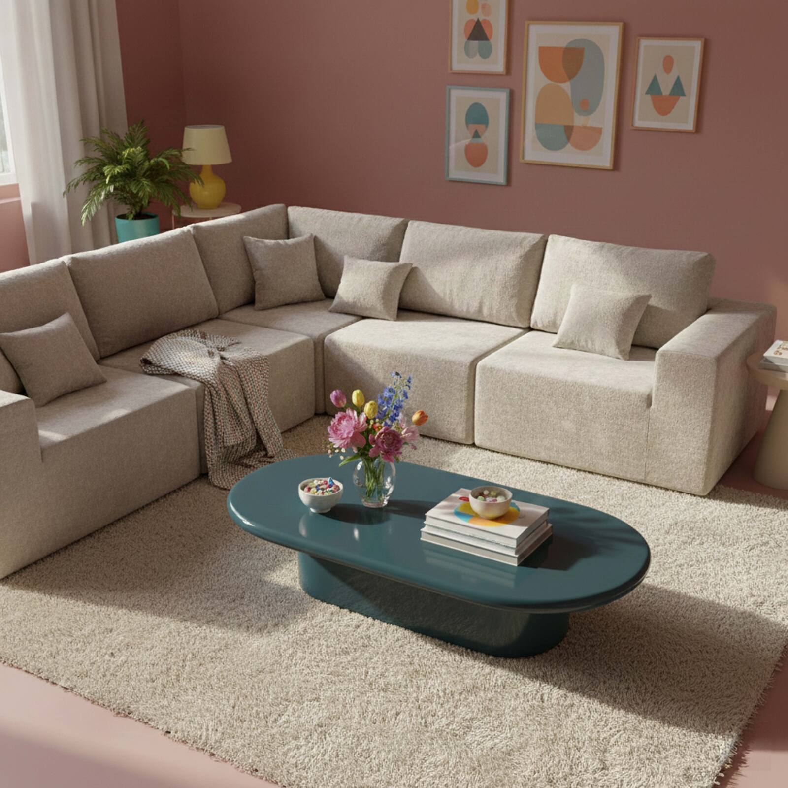 Table basse effet laqué ovale 100x70 cm style rétro