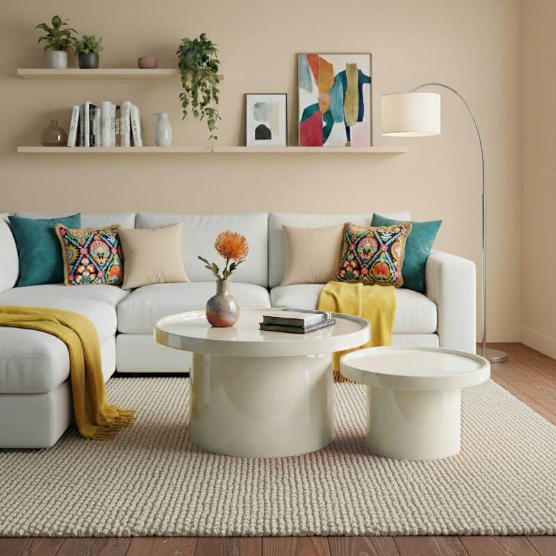 Tables basses gigognes effet laqué rondes Ø70 et Ø50 cm style rétro - Par 2