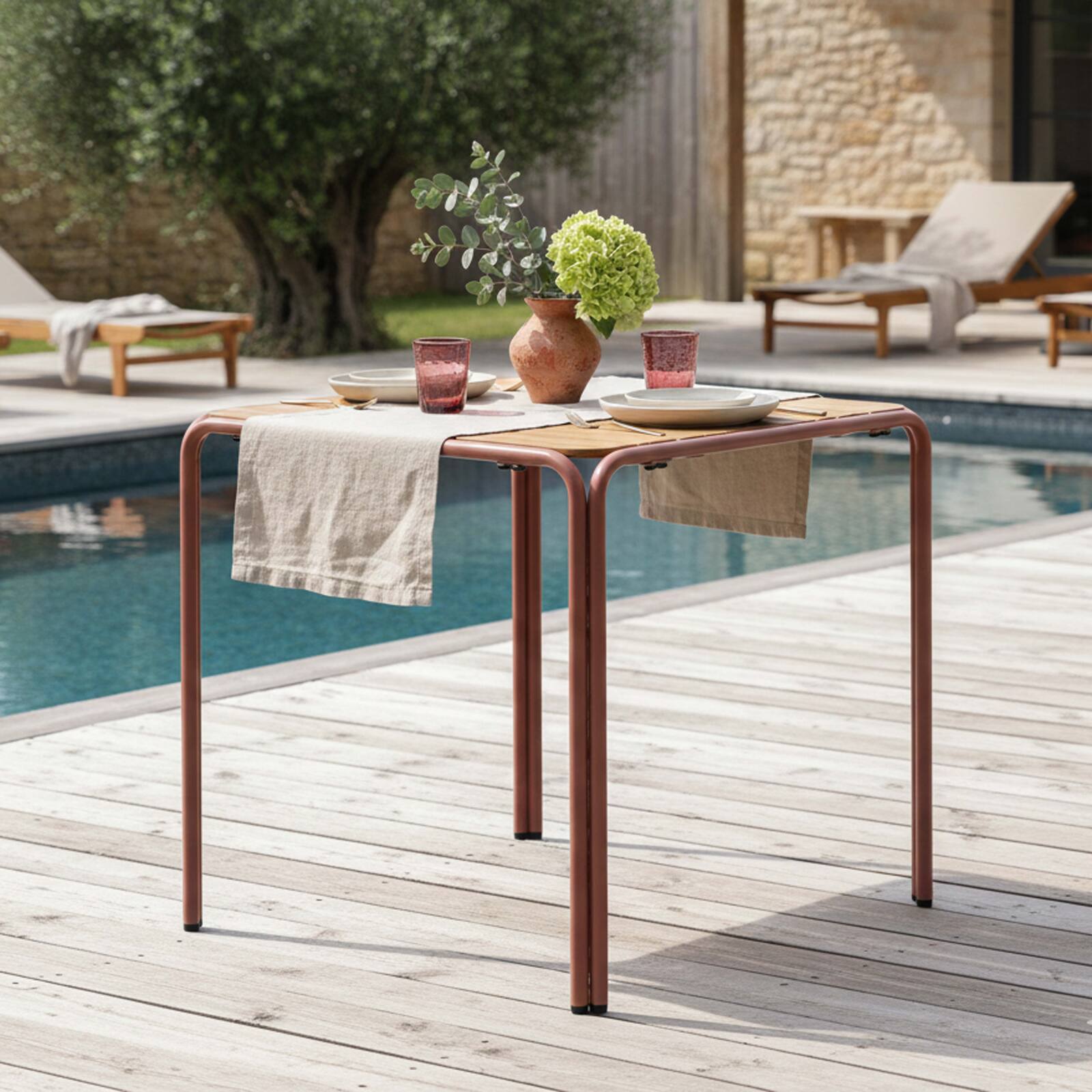 Table de jardin bistrot carrée en métal et polywood 2 personnes 70x70 cm