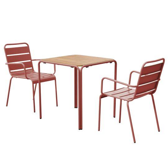 Table de jardin bistrot carrée en métal et polywood 70x70 cm et 2 chaises avec accoudoirs | Oviala