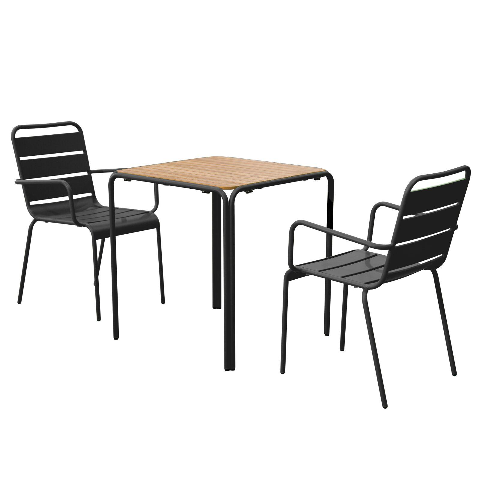 Table de jardin bistrot carrée en métal et polywood 70x70 cm et 2 chaises avec accoudoirs 