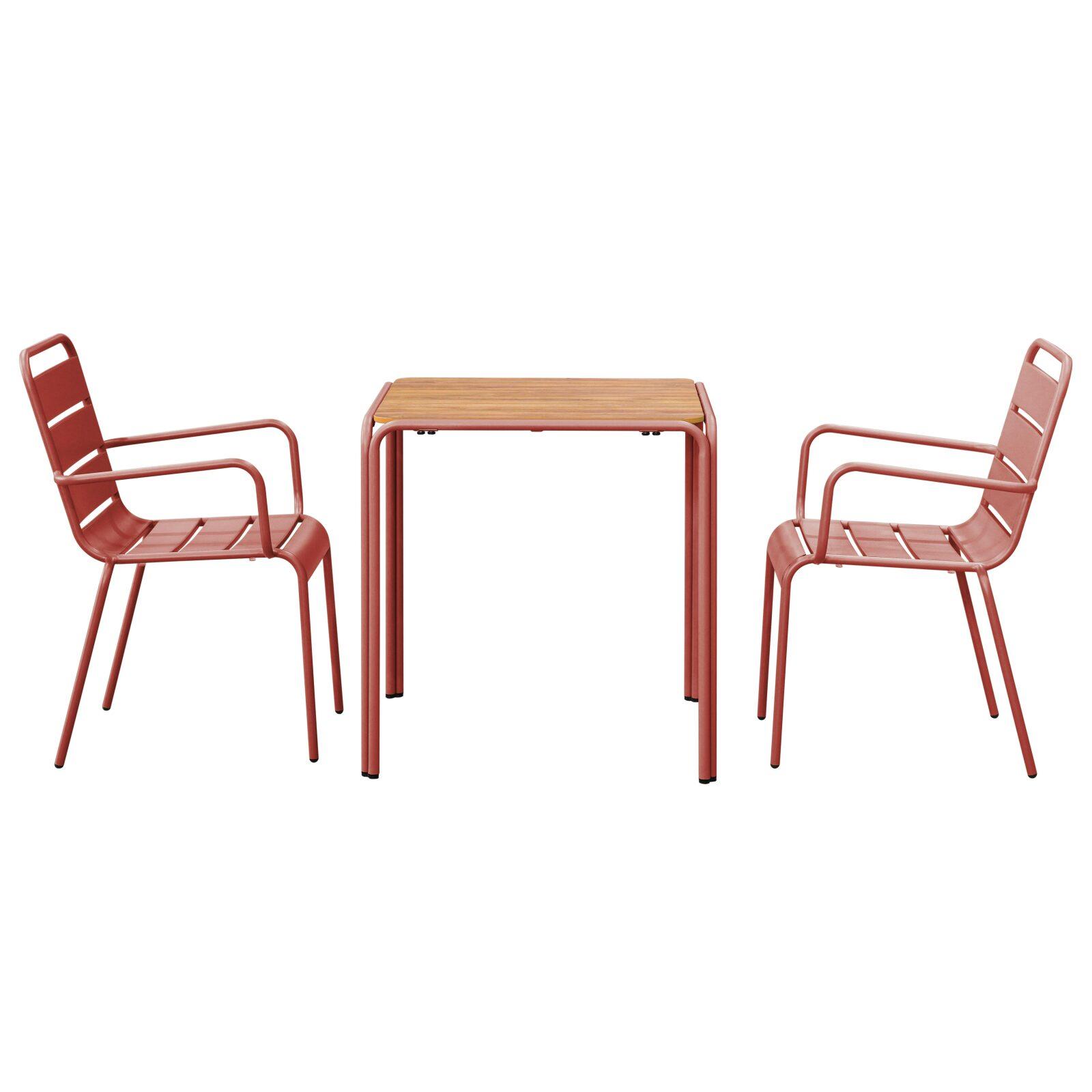 Table de jardin bistrot carrée en métal et polywood 70x70 cm et 2 chaises avec accoudoirs 