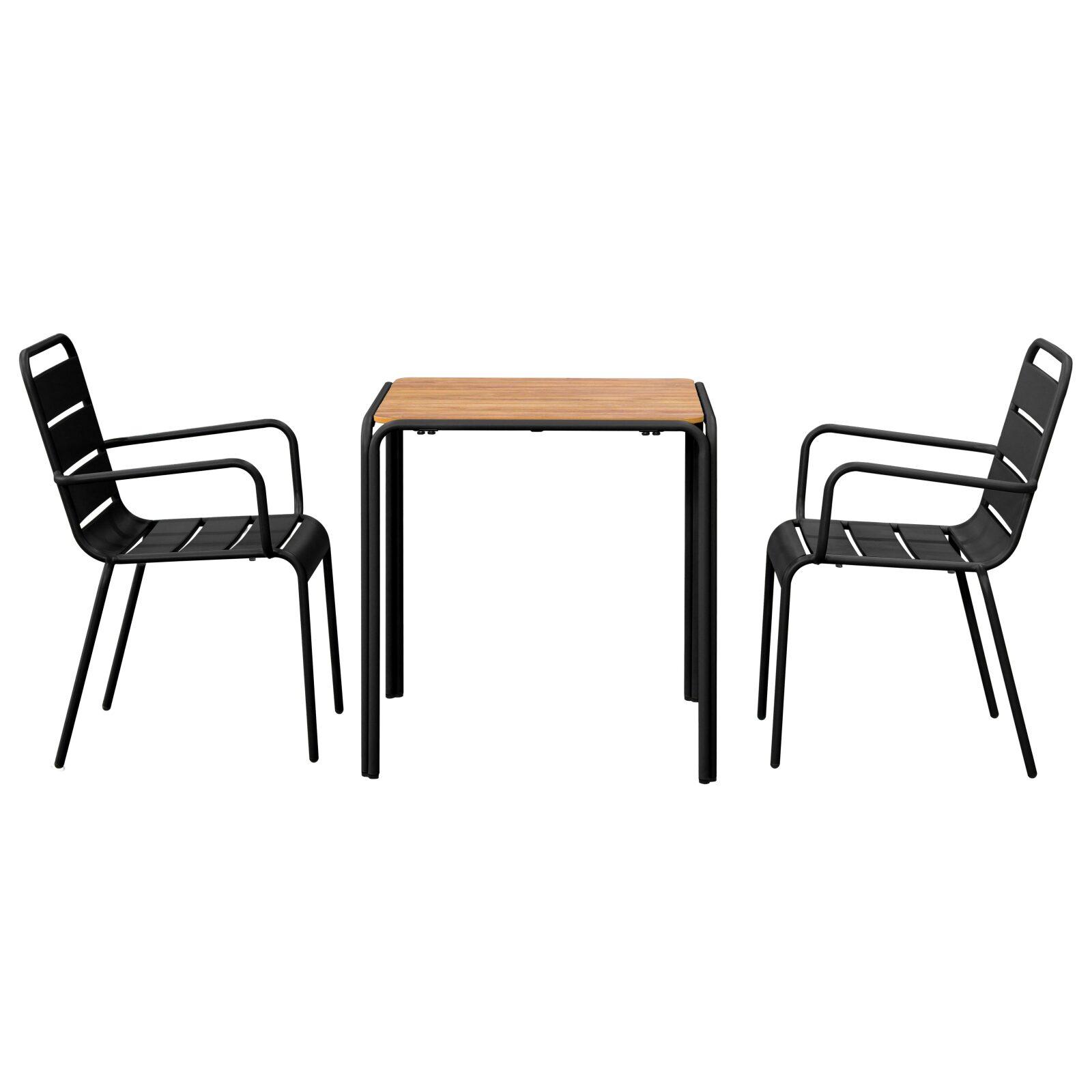 Table de jardin bistrot carrée en métal et polywood 70x70 cm et 2 chaises avec accoudoirs 