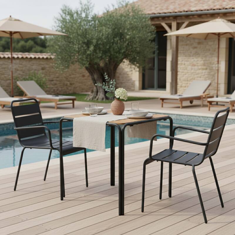 Table de jardin bistrot carrée en métal et polywood 70x70 cm et 2 chaises avec accoudoirs 