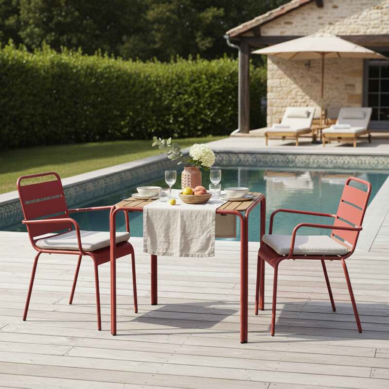Table de jardin bistrot carrée en métal et polywood 70x70 cm et 2 chaises avec accoudoirs 